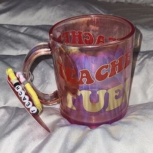Iridescent 'Teacher Fuel' Mug - Red & Gold Letters With A Friendship BRACELET.